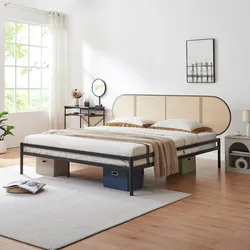Metallbett Linköping mit ovalem Kopfteil 180x200 cm Schwarz/Rattanoptik [en.casa]