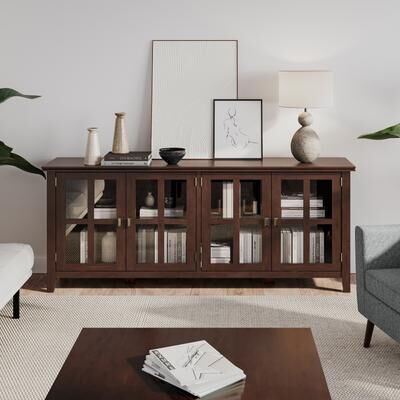 "WYNDENHALL Stratford SOLID WOOD 66 inch Wide Contemporary Wide 4 Door Storage Cabinet in Russet Brown - 18"" D x 66"" W x 34"" H"