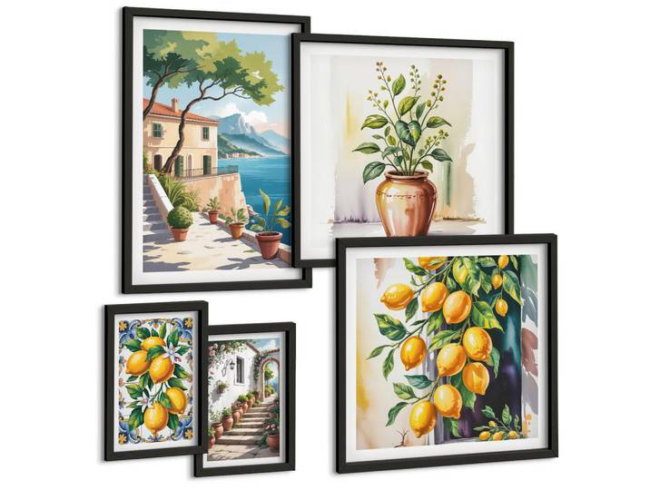 Tulup Bilder SET 5er Set - 50x50 cm & 20x30 cm & 40x60 cm Schwarzer Rahmen - Zitrusbaum im Fenster am Meer, Kunststoff, Rechteckig, 40x60 cm, gerahmt, Bilder & Rahmen, Bilder