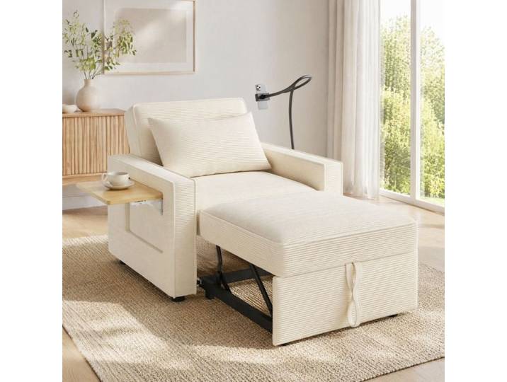 Canape convertible 1 place VUENOR beige en velours cotele avec USB tablette et support telephone