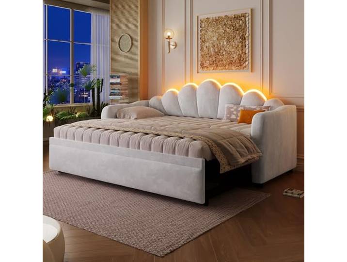 BTM Polsterbett Tagesbett 90-180x200 Ausziehbett Gleiche Höhe Schlafcouch mit LED-Beleuchtung Bett zum Ausziehen Grau