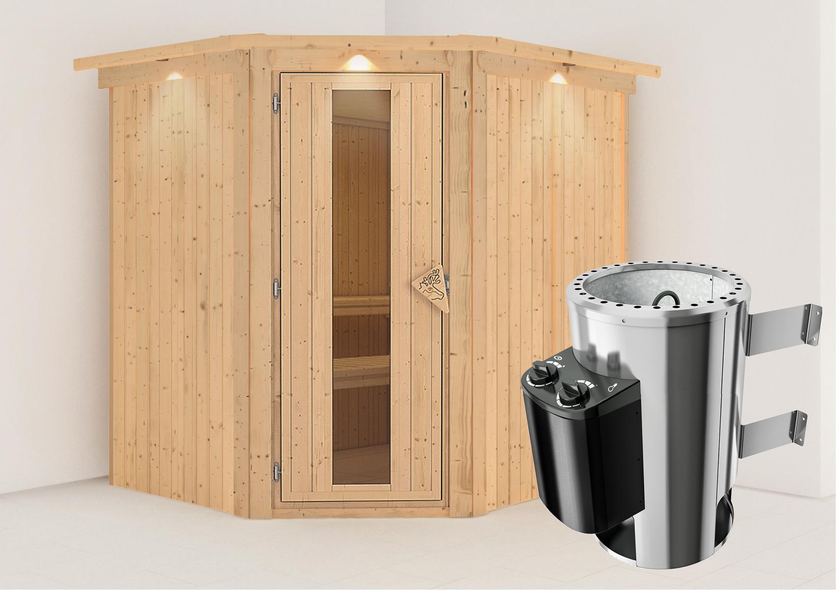 KARIBUHOLZT Sauna Lilja Eck 3,6kW int.Strg m.Isoliertür u.Dachkr 16880071