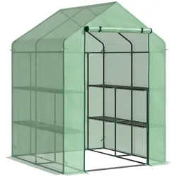 MODFU Begehbares Foliengewächshaus mit 8 Regalen 190x143x138 cm Grün aufrollbare Tür PE Abdeckung UV beständig Stahlrahmen für Pflanzenpflege