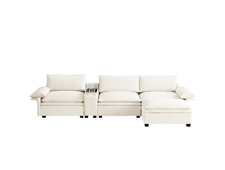 Oxeza Ecksofa 315/70/85 cm Beige mit Fußhocker, kabelloses Laden, Lautsprecher, Licht und 2 Getränkehalter, Mode, Rechteckig, 315x70 cm, Wohnzimmer, Sofas & Couches, Wohnlandschaften, Ecksofas