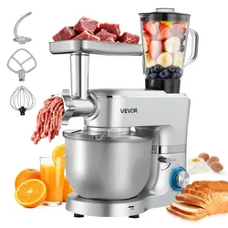 VEVOR multifunktionale Küchenmaschine elektrisch 1500 W mit Edelstahlschüssel (6 L) & Mixbecher (1,5 L), Knetmaschine Teigmixer mit 6+P Geschwindigkeiten & Knethaken & Schneebesen & Rührbesen