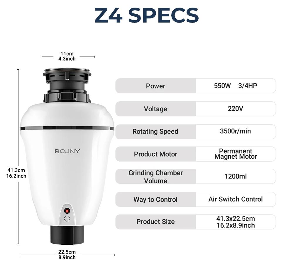 Küchenabfallzerkleinerer - Modell Z4 - Kontinuierliche Zufuhr - 3/4 PS Motor 3500 U/min - 1200 ml Edelstahlmahlkammer - EU-Stecker