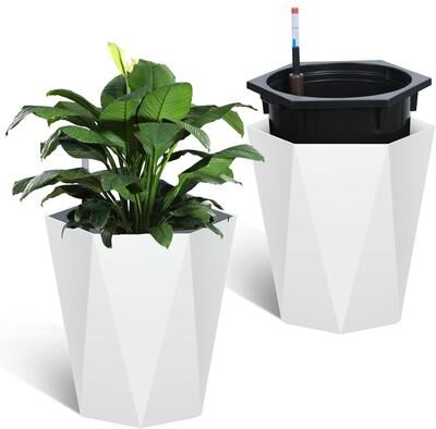 YUN "16"" Self-Watering Planters Set of 2, White"