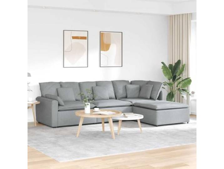 HKQWPBF Modulares Sofa mit Fußhocker, Stoff Hellgrau, 4 Teile, mit Kissen Metallrahmen, Holzarmlehnen, Textilene-Sitzflächen, flexible Anordnung, Schaumstofffüllung
