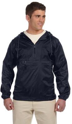 Harriton M750 Packable Hooded Nylon Jacket in Navy Blue size Small