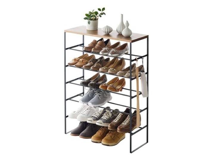 YAMAZAKI 3370 TOWER 6Tiered WoodTop Shoe Rack, black, Steel/Wood, 66 x 25 x 87 cm
