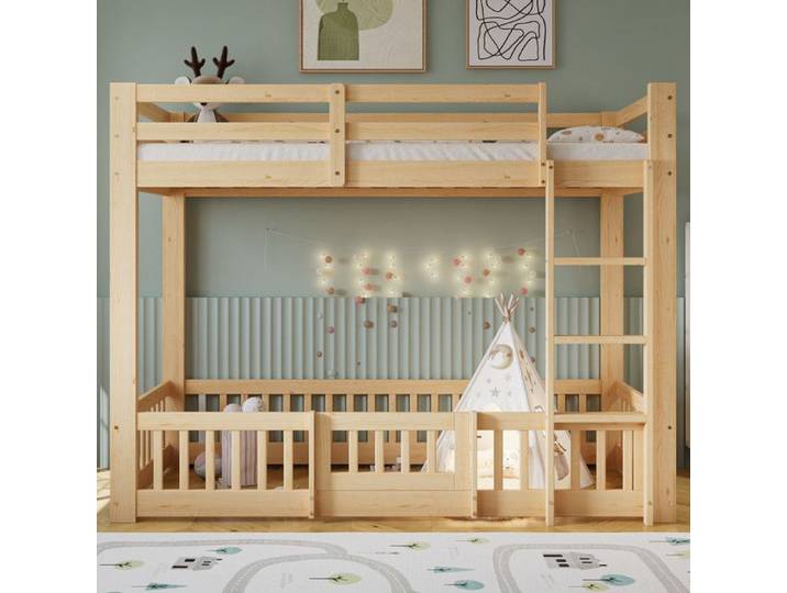 Lit Superposé 90x200 cm avec éChelle Lit Enfant avec BarrièRes de SéCurité et Porte Lit Simple en Pin Finition Naturelle