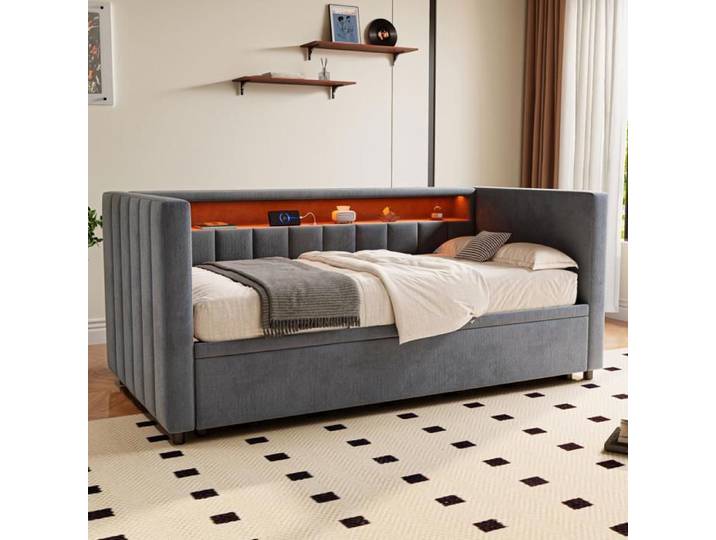Lit Gigogne 90x190cm - Canapé Lit Banquette Rembourré Velours avec Éclairage LED USB Type-C & Rangement - Gris