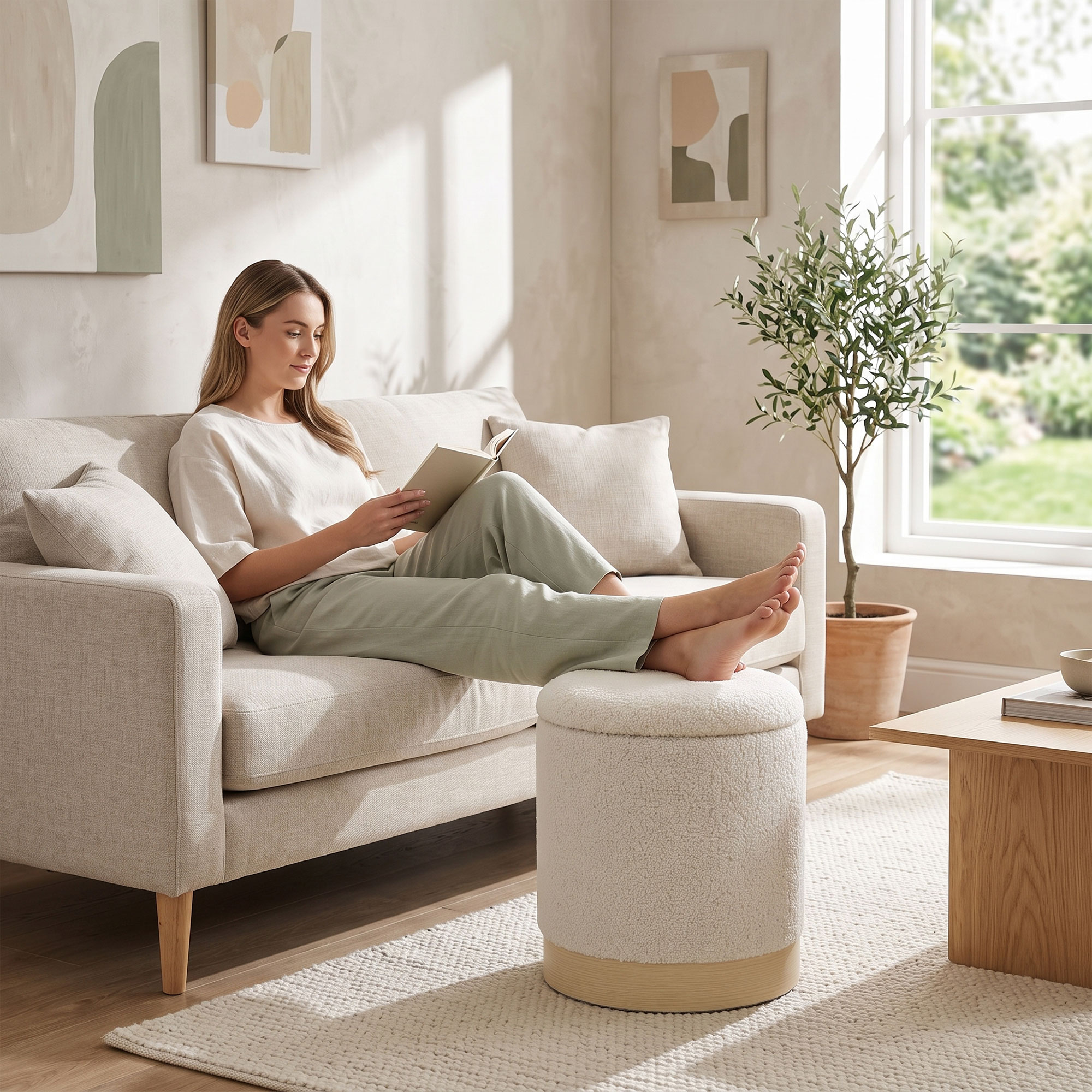 Homcom Pouf contenitore rotondo in sherpa con base effetto legno, 38 cm, crema   Aosom Italy