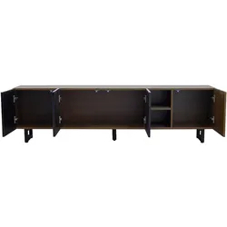 MODFU TV Lowboard 180x38x50 cm Schwarz+Natur mit Hochglanzfronten grifflose Türen großer Stauraum MDF Korpus Metallrahmen modern minimalistisch