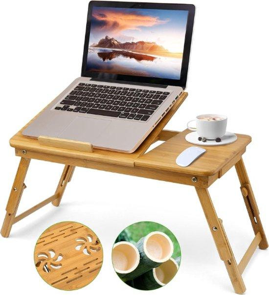 Hoogteverstelbare en opklapbare bamboe laptopstandaard in bruin met kantelbaar blad