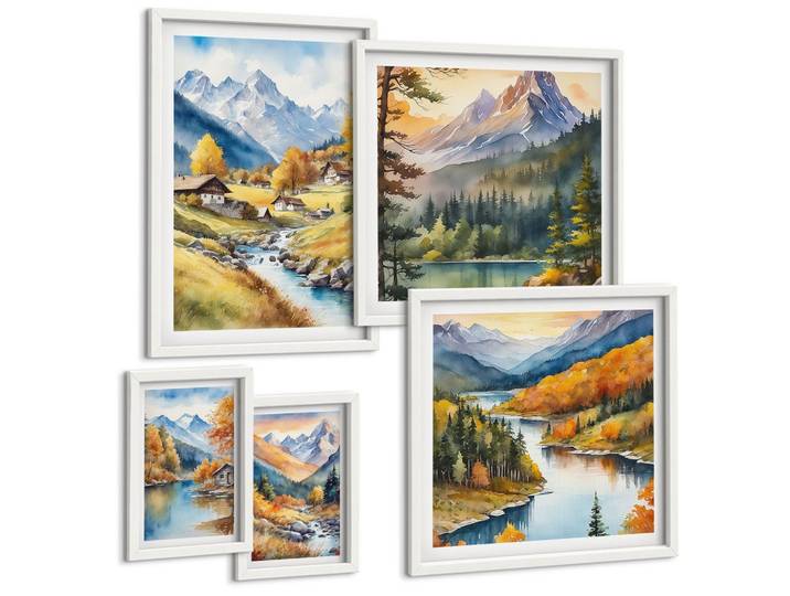 BILDER SET 5er Set - 50x50 cm & 20x30 cm & 40x60 cm Weißer Rahmen - Bergblick, Fluss, Herbst