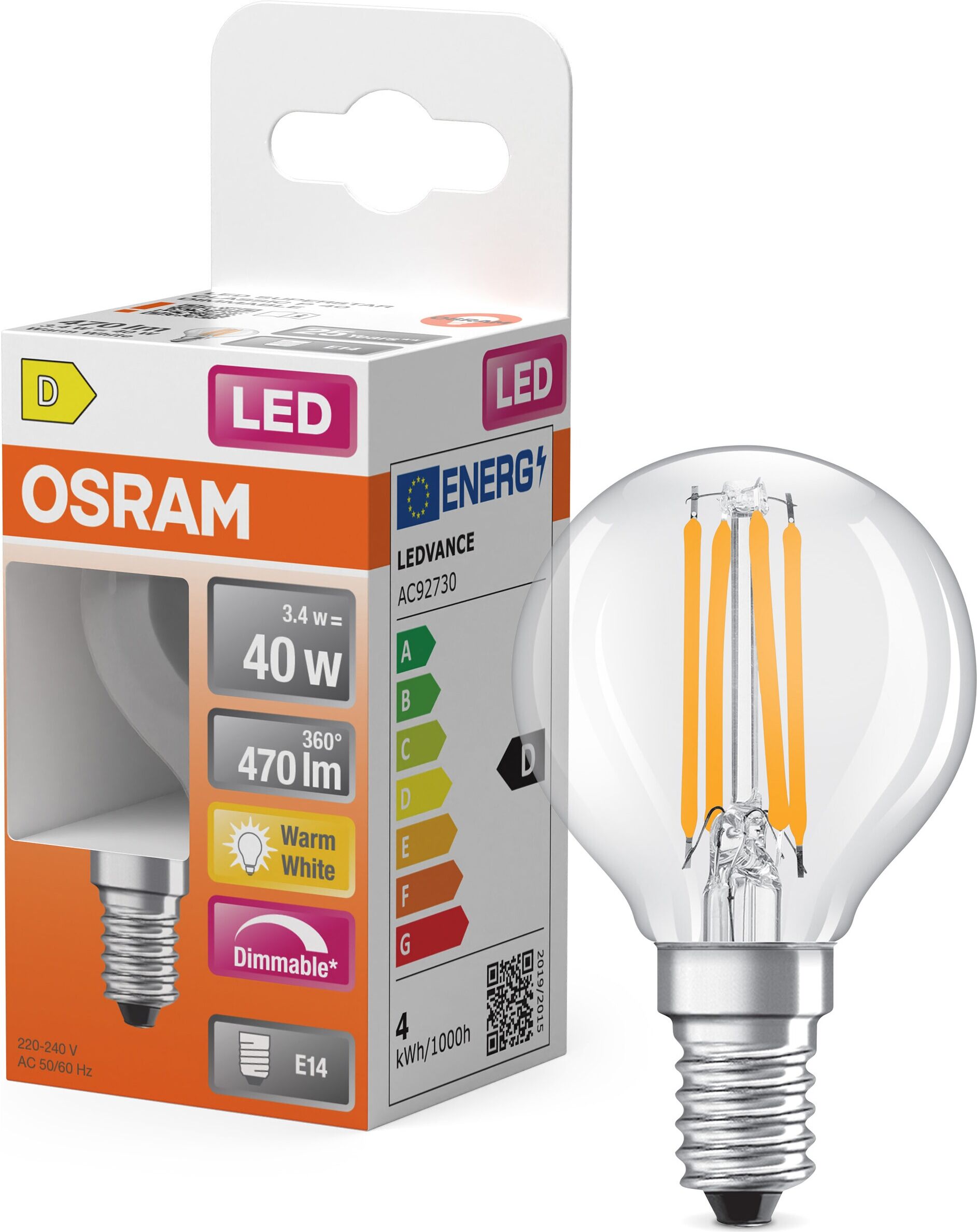 OSRAM LED-Leuchtmittel "LED Retrofit CLASSIC P-Form", Energieeffizienz: D, transparent (klar), L:8cm Ø:4,5cm, Leuchtmittel, LED-Leuchtmittel