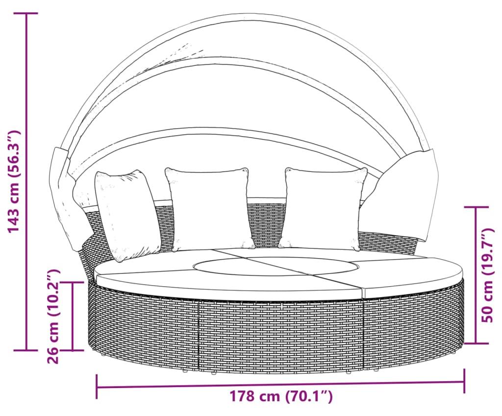 vidaXL Outdoor-Loungebett mit Dach und Kissen Grau Poly Rattan