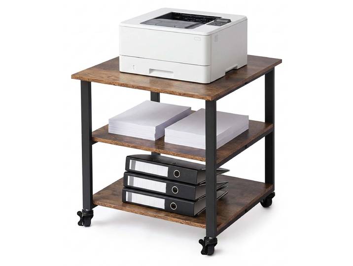 Bureau mobile pour imprimante Relaxdays\, avec 3 niveaux\, dimensions (H x L x P) : 53 x 50 x 50 cm\, chariot mobile pour imprimante\, support pour imprimante\, couleur marron/noir