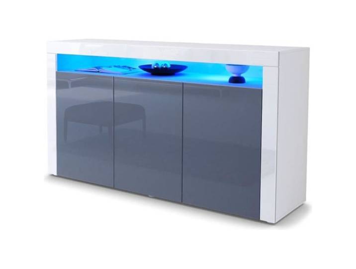 Vladon Buffet Commode Valencia en Blanc mat - Gris haute brillance - Blanc haute brillance