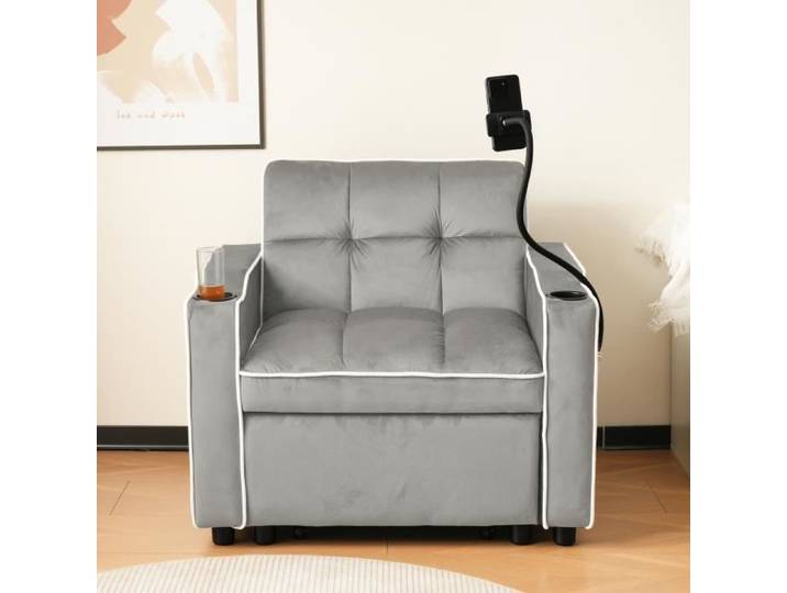 Fauteuil convertible - Gris - 3 en 1 - Porte-gobelets - Support téléphone - Design contemporain