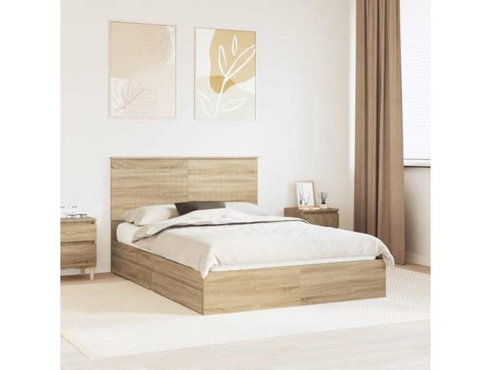 Holzwerkstoff Konstruktion mit Kopfteil Modernes Design Bettgestell Braun Aufbewahrungsbett Sonoma-Eiche 140x200 cm Holzwerkstoff mit Schubladen Stauraum Bettgestell inklusive Lattenrost und Kopfteil