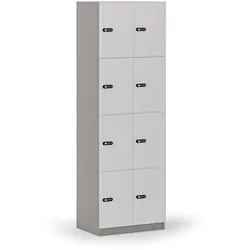 Holzspind S4 mit Ablagefächern, 8 Fächer, zerlegt, mechanisches Codeschloss, grau/weiß