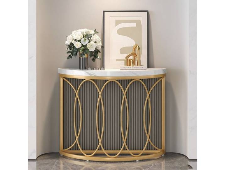 Table console en métal - 110 × 35 × 80cm - Table Console demi-cercle – Plateau de table imitation marbre - Or/blanc - table de hall