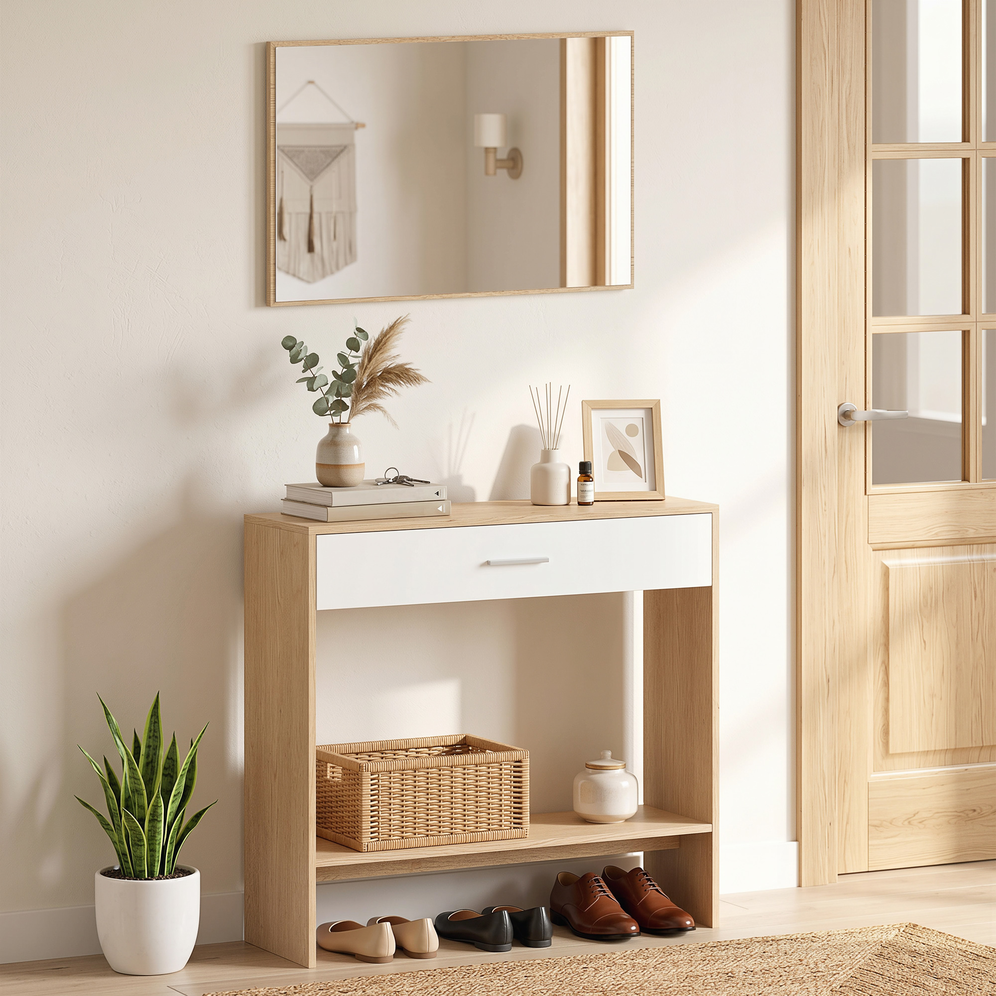 Homcom Consolle con Specchio, Consolle Stretta con Cassetto e Ripiano, Stile Moderno, 91,5x27,9x85,5 cm, Rovere   Aosom Italy