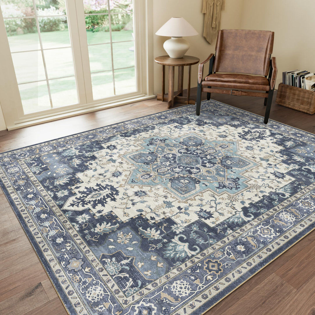 World Menagerie Vintage Harmony Neutral Floral Machine Washable Area Rug Blue Rectangle 160 x 230cm