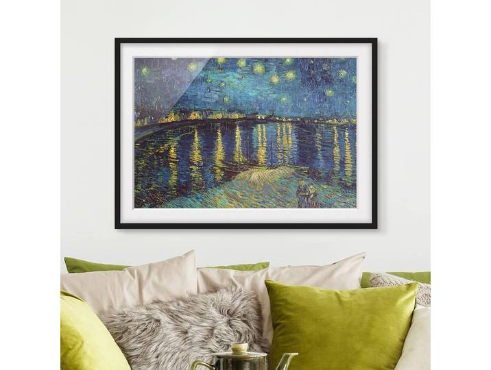 Bild Sternennacht über der Rhone Papier Rahmen: Echtholz, furniert: Kiefer Blau 70 x 50cm
