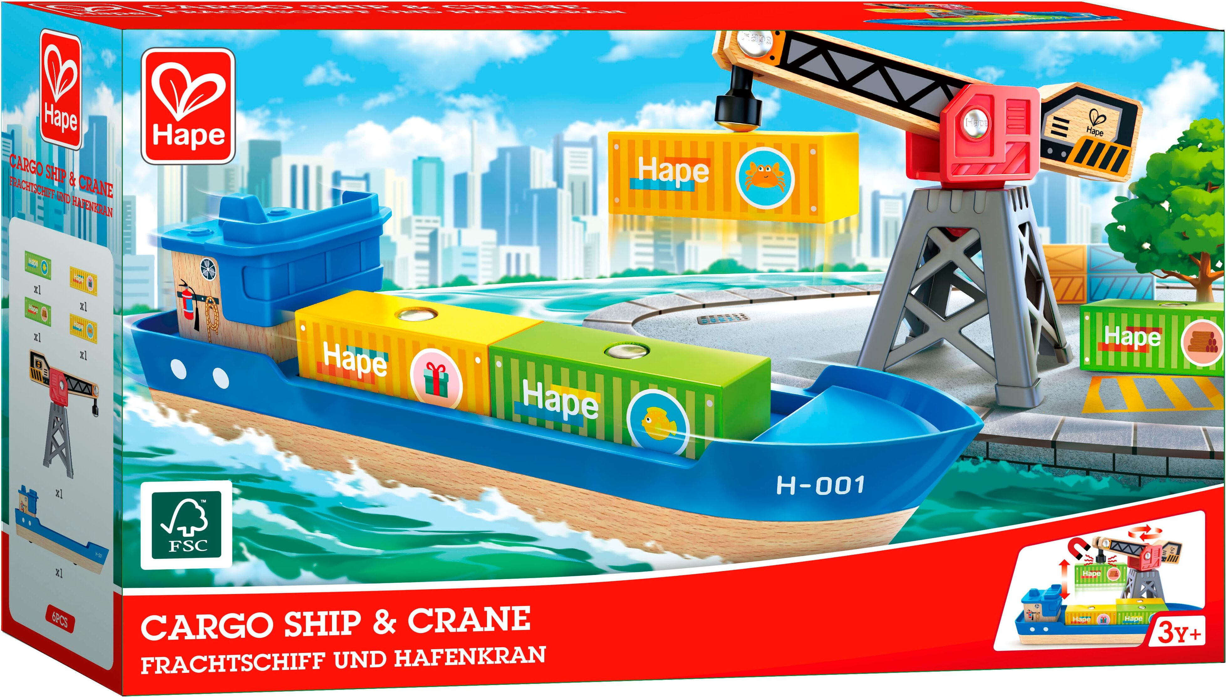 Spielzeug-Schiff HAPE "Frachtschiff und Hafenkran", bunt, Spielzeugfahrzeuge, KinderB:30cm H:18cm T:7cm, Spielzeug-Schiff, B:30cm H:18cm T:7cm