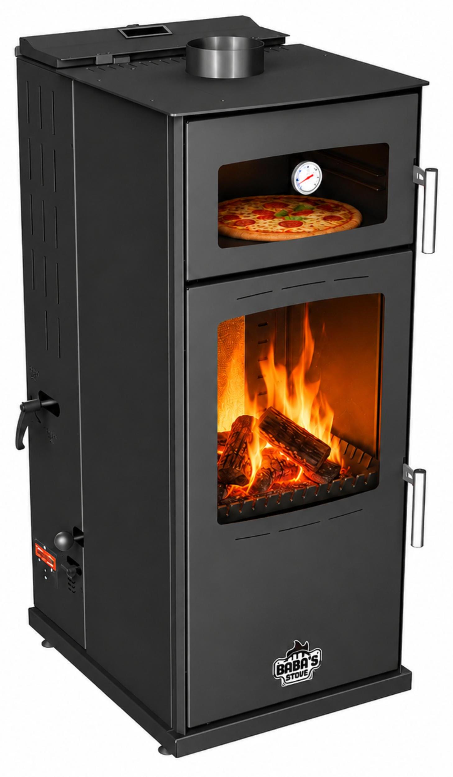 Babas Gold Hybridofen Pellets und Holz Kombiofen Kaminofen mit Backfach 12 kW Schwarz Holzofen Holz Ofen Kamin