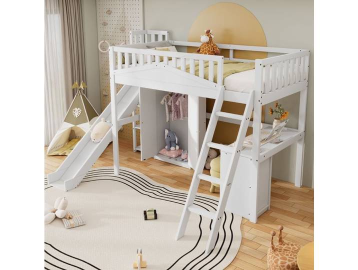 Lit mezzanine enfant AESVAR 90x200 cm avec toboggan bureau et armoire pin MDF blanc