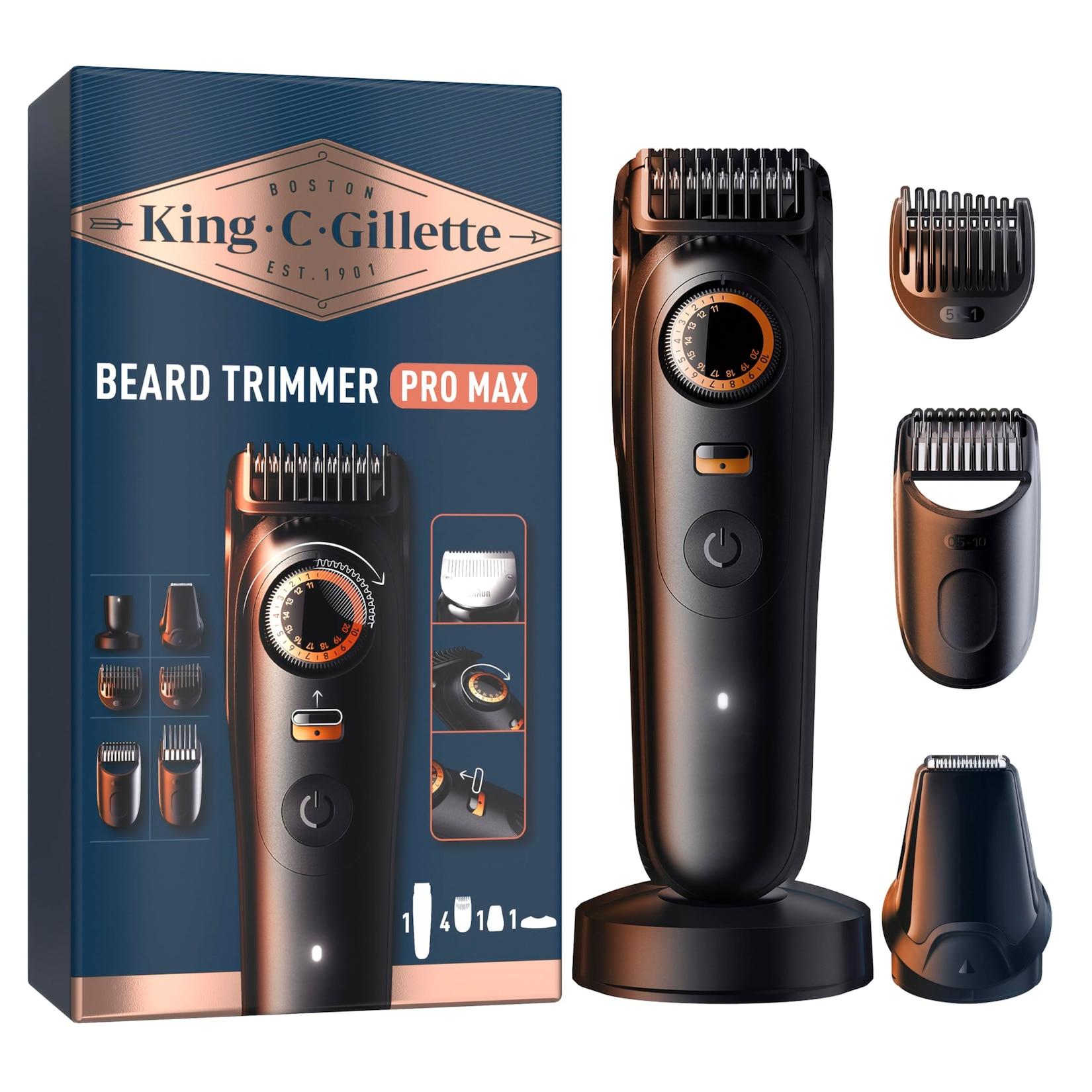 BRAUN King C Gillette Kabelloser Barttrimmer PRO MAX für Männer (Präzisionstrimmer, 4-in-1 Anwendungen: Trimmen, Konturieren, Ausblenden und Detailarbeiten, bis zu 120 Min. Akkulaufzeit, Präzisionsrad und Verriegelung, 40 Längen in 0,5-mm-Schritten, enthäl