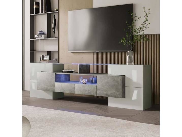 Meuble TV 200cm pour salon Banc TV led en bois avec 6 portes 2 tiroirs et 2 étagères ouvertes Gris