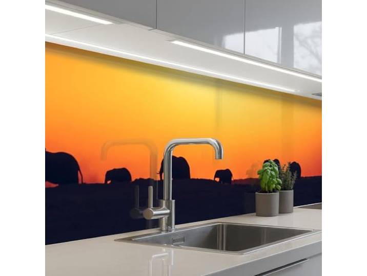 KitchenYeah© Spritzschutz Küchenrückwand Küche Abwaschbar Selbstklebend 60x250 cm - Küchenwand Küchenfront Küchen Rückenwand Wandschutz Elefanten - Sonnenuntergang - Tiere - Horizont