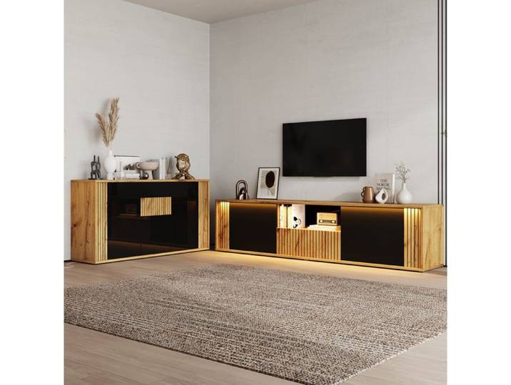 MEUBLIV Ensemble salon 2 pièces meuble TV et buffet noir et aspect bois LED Bluetooth 75 pouces