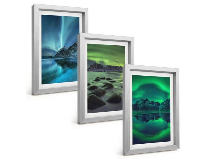 Tulup Bilder SET 3er Set - 20x30 cm Silberner Rahmen - Winterlandschaft der Aurora borealis, Silberfarben, Kunststoff, Rechteckig, 20x30 cm, gerahmt, Bilder & Rahmen, Bilder