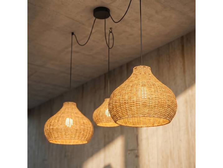Suspension d'extérieur Taniola à 3 lampes, beige, rotin - Lucande - Terrasse - Rustique - Bois - Multi-ampoules