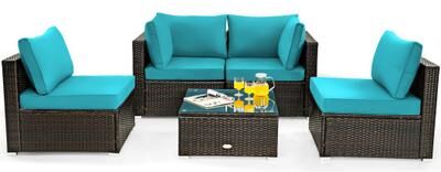 Costway 5 Pieces Cushioned Patio Rattan Furniture Set with Glass Table-Turquoise