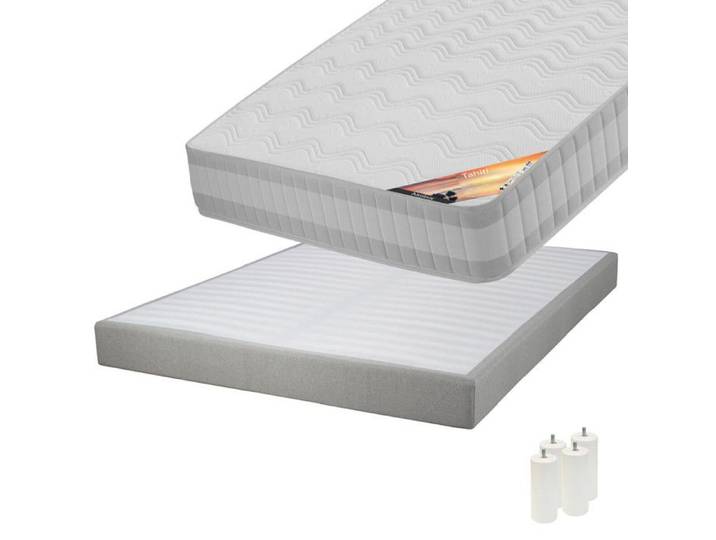 Tahiti - Pack Matelas 140x190 + Sommier Tapissier Démontable 2x20 Lattes Lin + Pieds Blancs 15cm