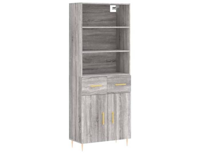 Roanoer Highboard Grau Sonoma 69,5x34x180 cm Holzwerkstoff Schrank Zweiteiliger Aufbewahrungsschrank mit metallenen Füßen und Türen für Wohnzimmer, Flur und Schlafzimmer.