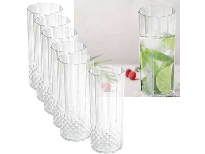 Longdrink-Gläser aus Kunststoff mit Kristalleffekt, 6 Stück, 400ml