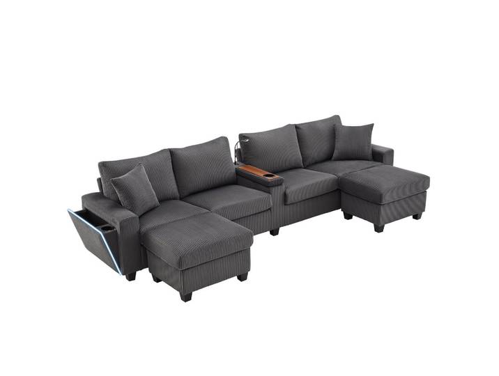 ECKSOFA aus Cord in Grau mit LED-Beleuchtung & smarten USB-Anschlüssen