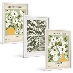 BILDER SET 3er Set - 40x60 cm Weißer Rahmen - Blumenmuster London Dublin