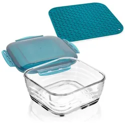 Genius Nicer Dicer Chef Glasschüssel, Set 3-tlg., Dark Petrol, Schüssel + Schale, Blau, Transparent