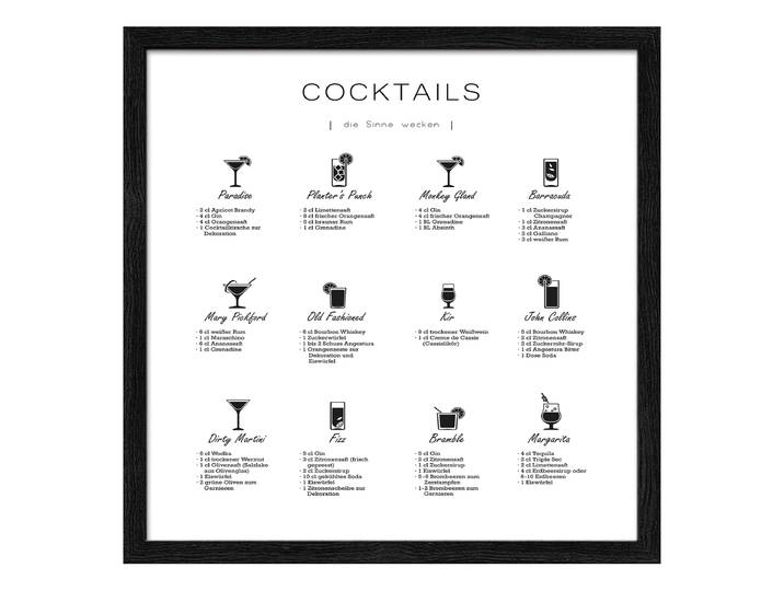 Tableau en bois Différents Cocktails Verre flotté, MDF Blanc/Noir 33 x 33 x 1cm