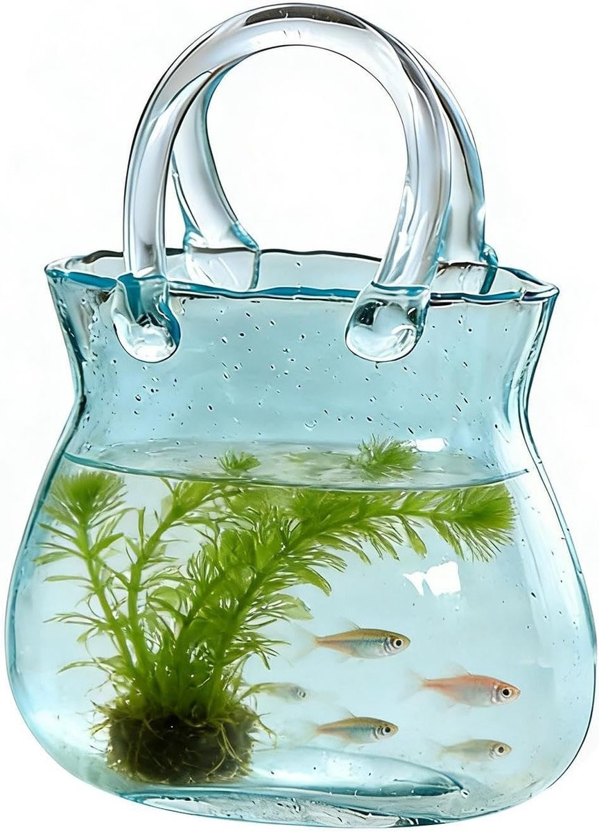 Blauwe Glazen Portemonnee Vaas in Handtas Vorm, Hoogte: 27 cm