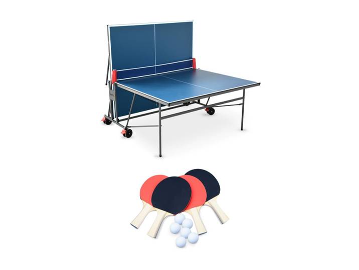 Table de ping pong indoor bleue, 4 raquettes